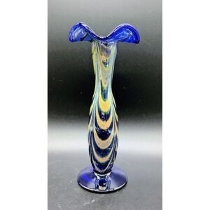 Vintage Jan Zeman Czech Bohemian Art Glass Vase 8.75" Cobalt Pulled Feather